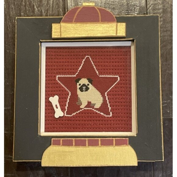 Pug Dog‎ Puppy Portrait Cross Stitch Wood Frame Wall Decor  8.5” X 8.5” - Picture 1 of 4